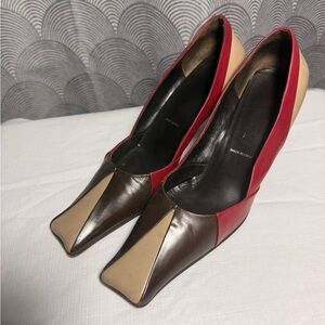 Vintage Prada Colorblock Pointed Toe Heels - Brown/Red/Cream